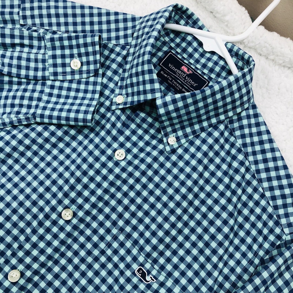 Vineyard Vines Button Shirt Mens S SLIM Blue Gingham Check Tucker Shep Ian NYLON